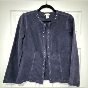 EUC Chico's Snap Down Jacket Perforated Retro Glam Preppy Studded Navy Sz 0
